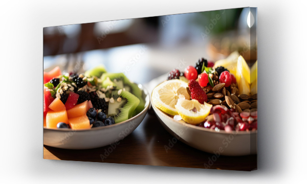 Wizualizacja Obrazu : #721260460 Close up photo of fresh fruit and nuts on plate, healthy food concept