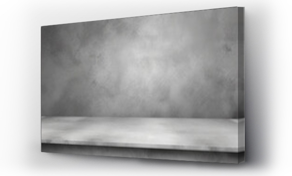 Wizualizacja Obrazu : #721744399 Empty gray wall room interiors studio concrete backdrop and floor cement shelf, well editing montage display products and text present on free space background