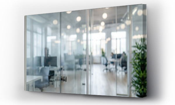 Wizualizacja Obrazu : #721902309 White, light gray and sky blue business office with blurred people casual wear