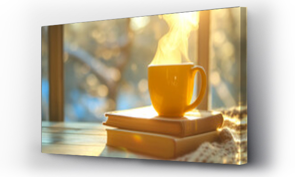 Wizualizacja Obrazu : #722310589 Cozy warm composition with yellow cup of hot coffee or tea and a book on sunny windowsill on spring day. Spring home decor. Easter.