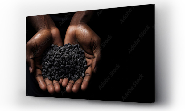 Wizualizacja Obrazu : #722373337 Slavery in mining. African hands holding coltan grains over dark background with copy space