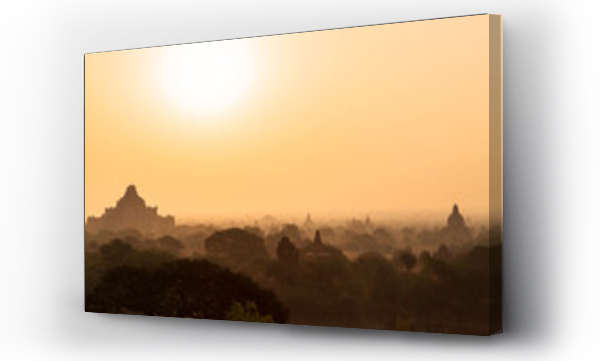 Wizualizacja Obrazu : #722486946 Scenic landscape and silhouette of many ancient temples and pagodas at the plain of Bagan in Myanmar (Burma) at sunrise.