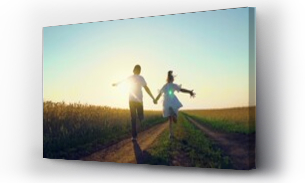 Wizualizacja Obrazu : #722542860 Children play fun run holding hands. Child, nature vacation. Childhood dream concept, Carefree child in summer. Children in together run through wheat field at sunset. Happy family. Boy girl playing