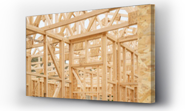 Wizualizacja Obrazu : #722819835 Prefabricated wooden house construction site, wood beam joists and wood chip boards