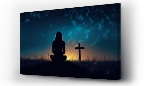 Wizualizacja Obrazu : #723372029 person prayer at nature, faith and christianity concept, cross at night sky