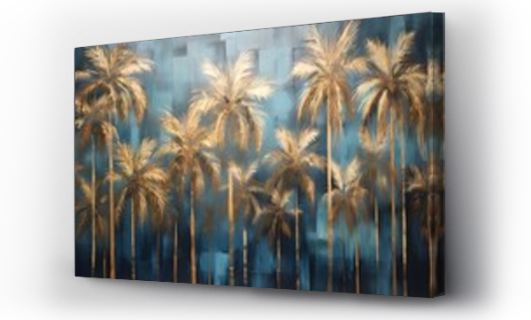 Wizualizacja Obrazu : #723394976 Golden and dark blue and teal palm trees painting . Great for wall art and home decor.
