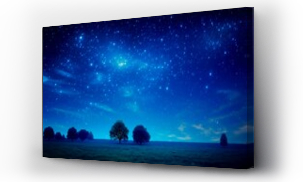 Wizualizacja Obrazu : #723853792 Blue night sky with stars over the field of trees. The Milky Way universe background