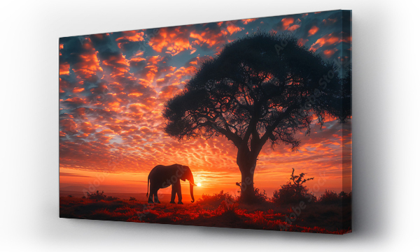 Wizualizacja Obrazu : #723976882 Silhouette of large acacia tree in the savanna plains with elephant. African sunset or sunrise. Wild nature, Kenya panoramic view. Black history month concept. World rhino day. Animal protection