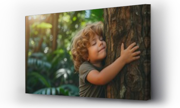 Wizualizacja Obrazu : #724158323 A little boy hugging a tree in the heart of a lush forest, conveying Earth Day and environmental care. ecosystem and healthy environment concept, earth day, save the world.
