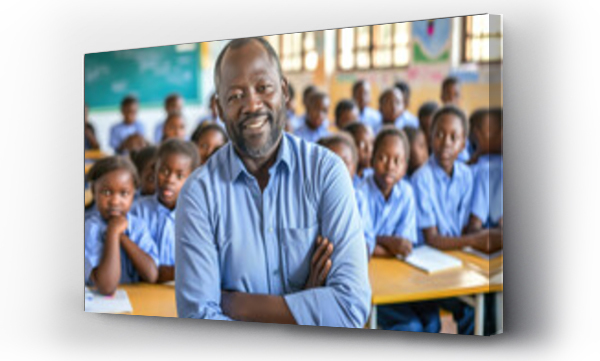 Wizualizacja Obrazu : #724242536 Portrait of an African elementary school teacher , looking at camera with a smile and arms crossed in a classroom full of uniformed students behind him. Kindergarten education concept in Africa