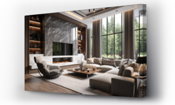 Wizualizacja Obrazu : #724661739 A large spacious living room in a modern style. Interior with a large gray sofa, coffee table, big windows, fireplace in front of the sofa in stylish home decor