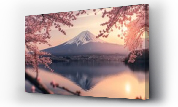 Wizualizacja Obrazu : #724828171 A horizontal landscape photograph capturing the beautiful bloom of cherry blossoms in Japan, with majestic Mt. Fuji in the background. Generative AI.