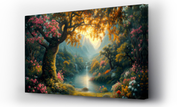Wizualizacja Obrazu : #724876378 A tranquil depiction of the third day of Creation, showcasing a rich tapestry of emerging land, sea, and diverse plant life in a nascent paradise.