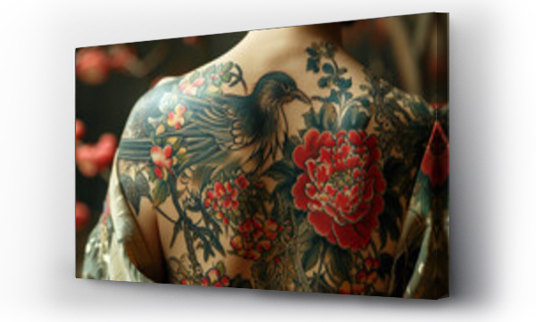 Wizualizacja Obrazu : #725161985 A tattoo with flowers and a bird on a womans back