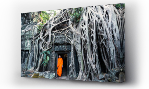 Wizualizacja Obrazu : #725163090 Buddhist monk at famous temple with tree root on old stone ruins, Ta Prohm, Angkor Wat, Cambodia