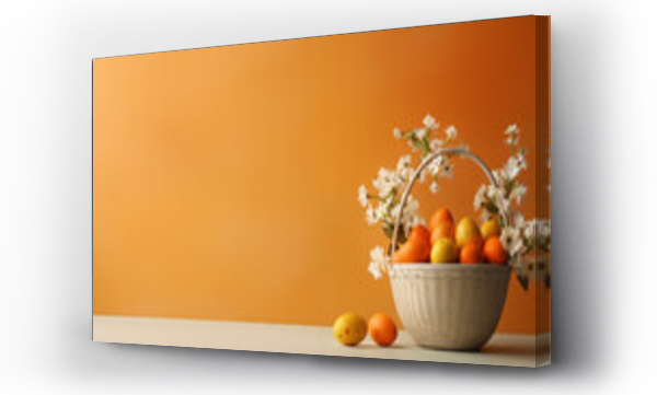 Wizualizacja Obrazu : #725846695 Minimalistyczne pomara?czowe t?o na ?yczenia Wielkanocne.  Alleluja - Weso?ych ?wi?t Wielkiej Nocy. Jajka, koszyczek, kwiaty i inne wiosenne dekoracje.