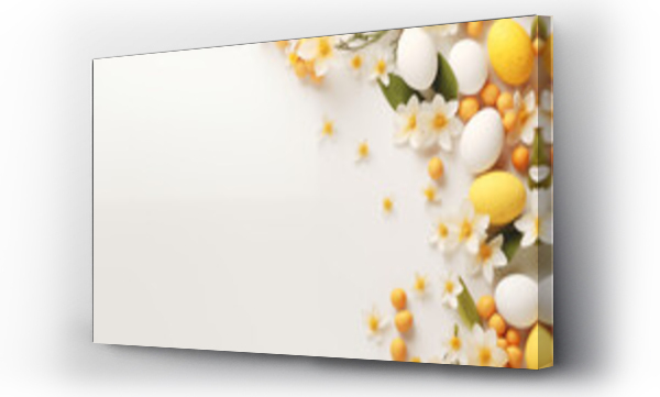 Wizualizacja Obrazu : #725848365 Minimalistyczne jasne t?o na ?yczenia Wielkanocne.  Alleluja - Weso?ych ?wi?t Wielkiej Nocy. Jajka, kwiaty i inne wiosenne dekoracje.