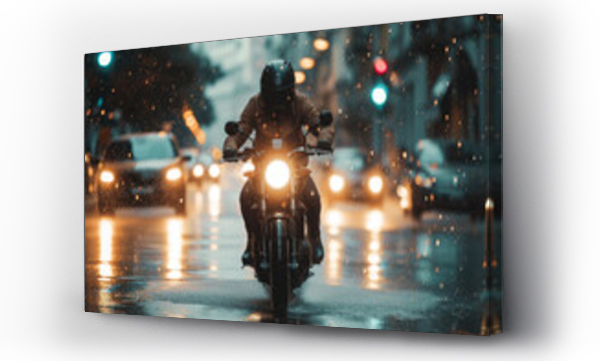Wizualizacja Obrazu : #726788388 man riding a motorcycle through a city during a rainstorm. The streets are slick with rain, and there are other vehicles on the road