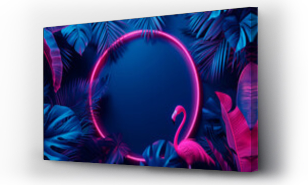 Wizualizacja Obrazu : #727790729 Glowing neon light with tropical monstera leaf and pink flamingo. Leaves and branches of palm trees. Generative AI. Neon frame blank space for text, flat lay, view from above