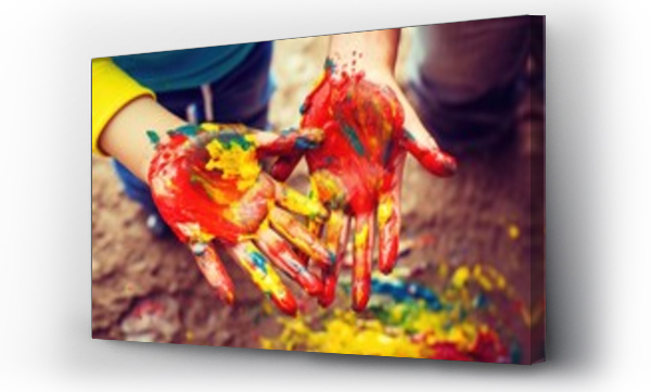 Wizualizacja Obrazu : #727973359 The image captures a childs hands playfully immersed in vibrant, splattered paint, Mother and child creating a handprint artwork together, AI Generated