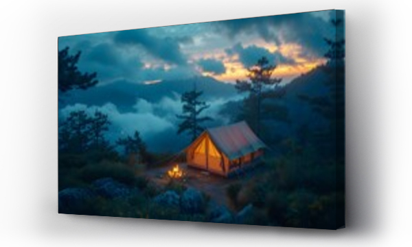 Wizualizacja Obrazu : #728228445 Tent camp with campfire on the forest 