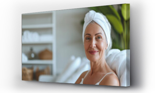 Wizualizacja Obrazu : #728479153 A mature happy woman in her 70s, a white caucasian at a day spa salon, wearing a headband, advert for skincare health products for mature menopause skin for anti ageing and relaxation wellness