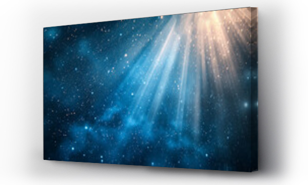 Wizualizacja Obrazu : #728597819 Scoppio di luce azzurra asimmetrica, raggi di luce astratti su sfondo azzurro , glitter, spazio per testo 