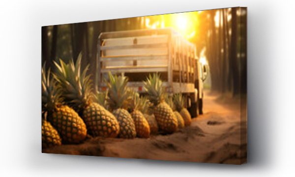 Wizualizacja Obrazu : #729145443 Cargo truck carrying pineapple fruit in a plantation with sunset. Concept of food production, transportation, cargo and shipping.