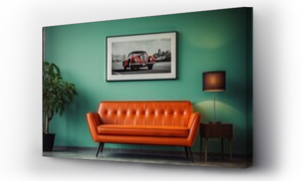 Wizualizacja Obrazu : #729844423 Green sofa and orange chairs in a cozy living room with a poster frame on the wall. Mid-century, vintage, retro style home interior design.