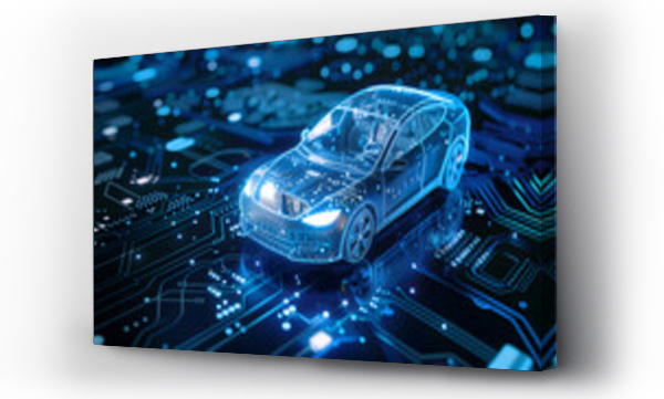 Wizualizacja Obrazu : #730191183 An electric car is depicted in blue on top of a circuit board.
