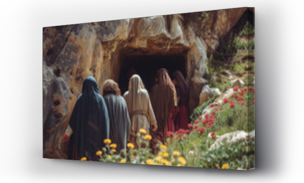 Wizualizacja Obrazu : #730457386 Empty Tomb of Jesus on Resurrection Sunday, group of apostles discovering the empty tomb in the cave of the mountain