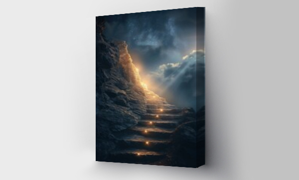 Wizualizacja Obrazu : #730797986 Way to success, a stairs leads to the top of a mountain which is illuminated by light, conceptual image