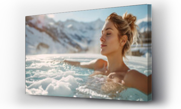 Wizualizacja Obrazu : #730803035 A woman enjoys a hot spring spa pool with a view of snowy mountains in the background. Ai generative