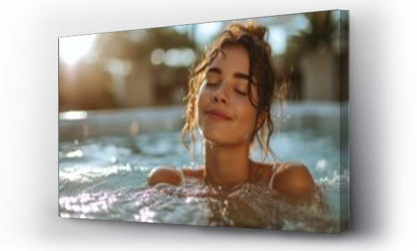 Wizualizacja Obrazu : #730871763 Relaxed woman enjoying hot tub spa. Close-up serene leisure portrait with sun flare