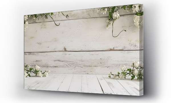 Wizualizacja Obrazu : #730947432 Vintage white table with old wood texture, adorned with flowers.