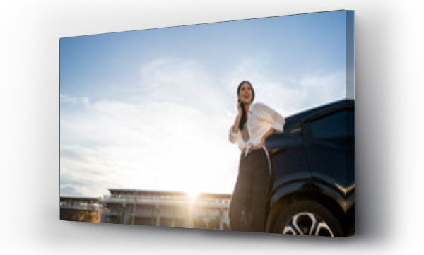 Wizualizacja Obrazu : #731246987 Young beautiful asian women buying new car. she was standing near car on the roadside. Beautiful moment blue sky Smiling female driving travel by vehicle on the road on a bright day with sun light.