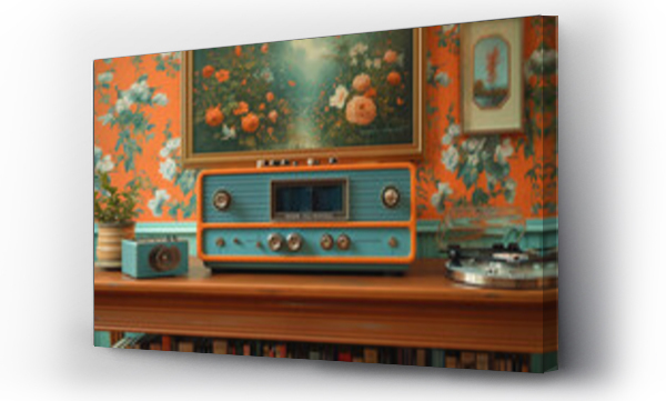 Wizualizacja Obrazu : #731288275 Vintage living room close-up of a painting, wooden cabinet, retro radio and glass vase with branches in colorful bright living room interior. 70s,80s, design