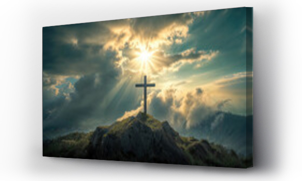 Wizualizacja Obrazu : #731342965 Crucifix at the top of a Mountain with Sunlight Breaking through the Clouds. Inspirational Christian Image.