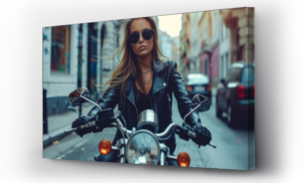 Wizualizacja Obrazu : #731357106 model wearing a black leather jacket and sunglasses on a motorcycle in a city street