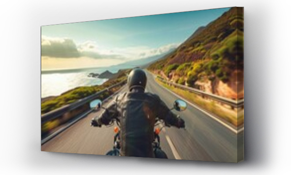 Wizualizacja Obrazu : #731487522 A man rides a motorcycle along a scenic coastal road with the ocean in the background, A biker enjoying a solitary ride on a coastal highway, AI Generated
