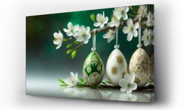 Wizualizacja Obrazu : #731802703 Wielkanocne, zielone t?o z ozdobnymi pisankami zawieszonymi na ga??zce pokrytej bia?ymi kwiatami