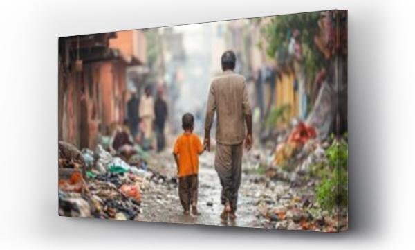 Wizualizacja Obrazu : #732849281 A man and child walk barefoot together down a dirty street, in pakistan.