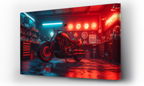 Wizualizacja Obrazu : #732889239 motorcycle workshop with dark and red color background