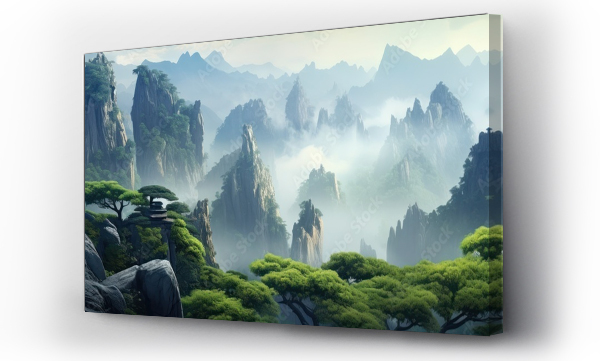 Wizualizacja Obrazu : #733342628 views of high rock cliffs and misty green trees