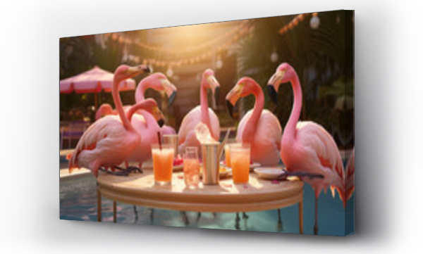 Wizualizacja Obrazu : #734200459 With their characteristic elegance, flamingos perch by the poolside to soak up the suns rays