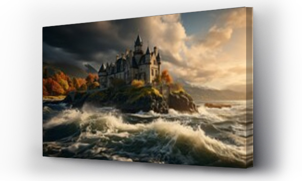 Wizualizacja Obrazu : #734512860 Majestic castle on the seashore with waves gently lapping at its enchanting base