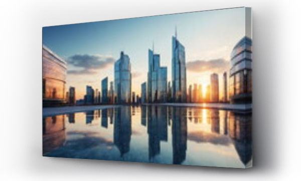 Wizualizacja Obrazu : #734558505 Panoramic city skyline .Reflective skyscrapers business office buildings.Business City buildings with many glass windows in sunset. Abstract business background with city arhitecture. . banner