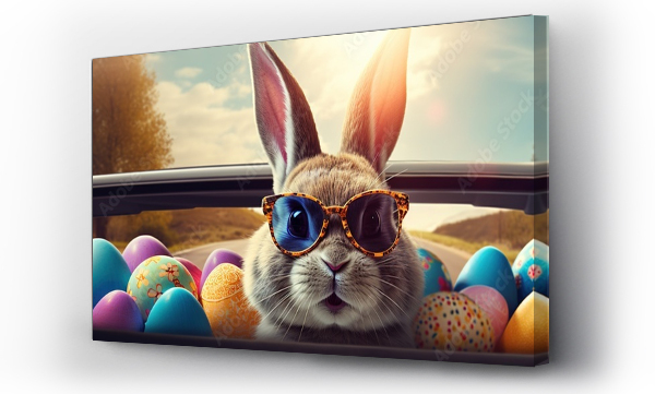Wizualizacja Obrazu : #734815841 Cute Easter Bunny with sunglasses looking out of a car filed with easter eggs