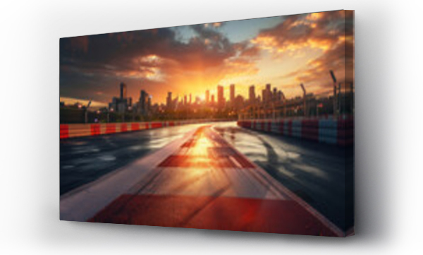 Wizualizacja Obrazu : #734891125 Race track road and bridge with city skyline at sunset.