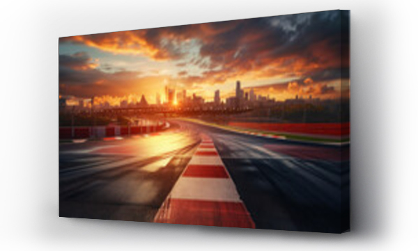 Wizualizacja Obrazu : #734891157 Race track road and bridge with city skyline at sunset.